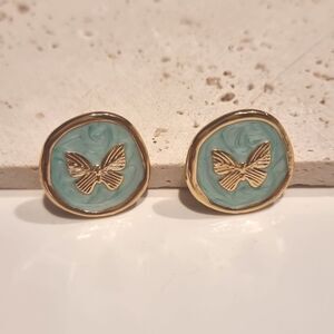 French Butterfly Earrings Coin Stud Blue Gold Plated | NWOT